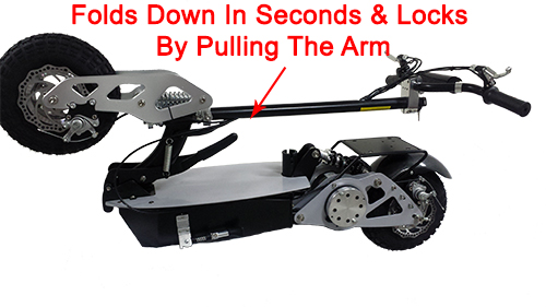 By pulling the arm scooter folds down